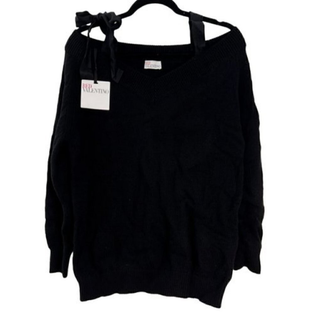 NWT RED Valentino Size S Ribbon-Detail Knitted Sweater Black MSEP $495